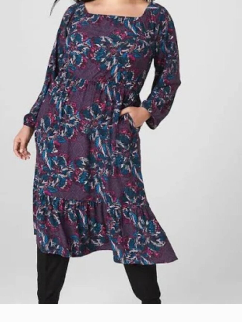 Lane Bryant Fantasy Floral 3/4 Sleeve Square Neck Tiered Fit & Flare Dress 26/28